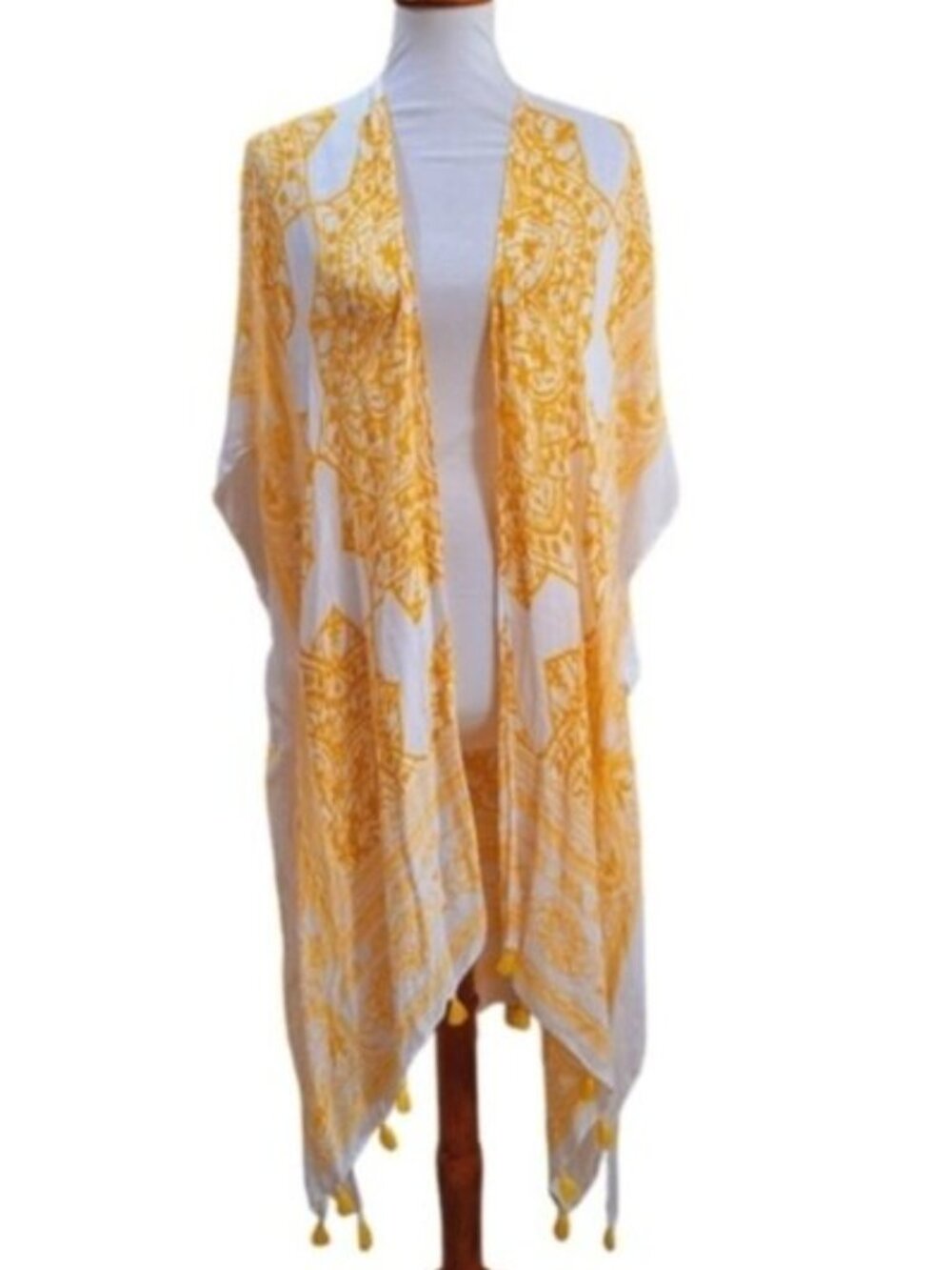 Angie Boho Bright Yellow  White print mandala Tassels Longline  Kimono Cardigan
